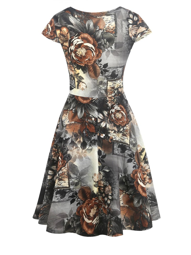 oxiuly Women's Chic V-Neck Vintage Floral Work Party Cocktail Swing Casual Summer Dress OX233 (XL, Coffee Floral) - Image 4